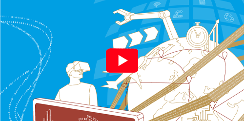 Illustration Forscher mit VR-Brille blickt auf Weltkugel mit Transportmitteln